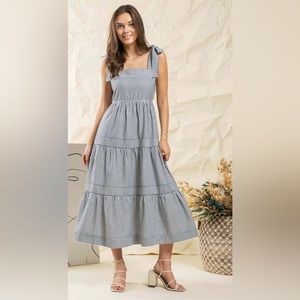 Navy blue and white striped midi dress